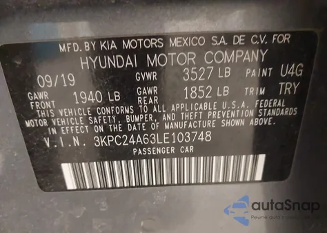 2020 Hyundai Accent Se из США, поврежденный, VIN 3KPC24A63LE103748